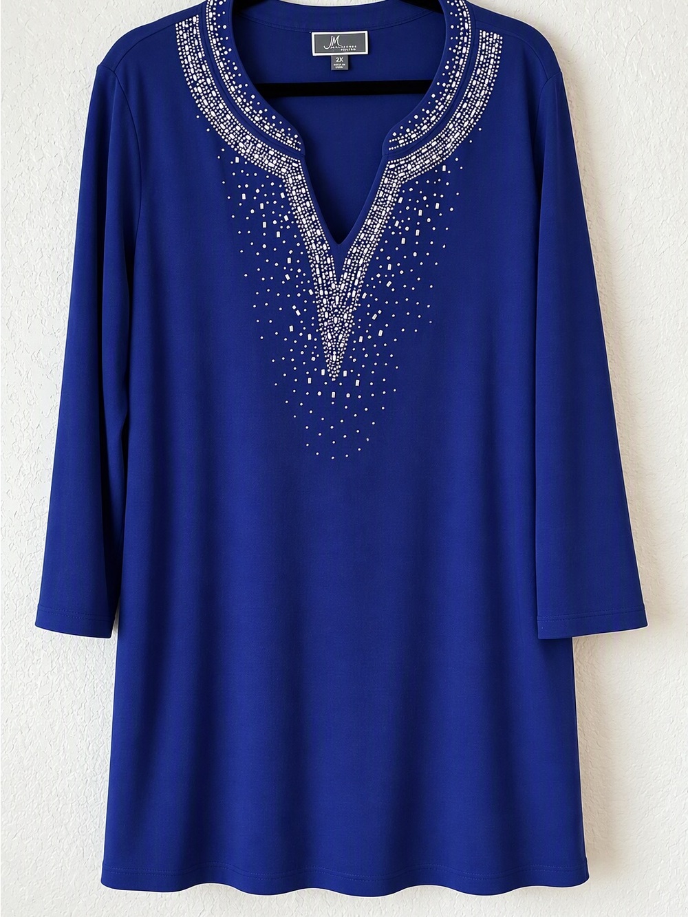 JM Collection Cobalt Blue V-Notch Tunic with Rhinestone Detail 3X